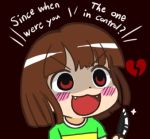  :3 androgynous blush_stickers broken_heart brown_background brown_hair chara_(undertale) english fangs glint gyate_gyate knife lowres open_mouth red_eyes shirt simple_background solo spoilers striped striped_shirt tagme undertale upper_body yaruky 
