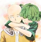  1boy 1girl bald blush closed_eyes couple green_hair hug hug_from_behind nonh_(wormoftank) one-punch_man open_mouth saitama_(one-punch_man) smile tatsumaki 