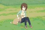  1girl brown_eyes brown_hair collar collarbone dog dog_tags grass highres leash sakunohi_c_moon shiba_inu short_hair sitting tsurime 