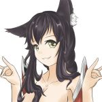  1girl \m/ ahri animal_ears bare_shoulders black_hair breasts cleavage collarbone fox_ears large_breasts league_of_legends long_hair looking_at_viewer simple_background solo white_background yellow_eyes 