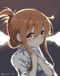  1girl alternate_costume blush brown_eyes brown_hair commentary_request folded_ponytail hands_on_own_chest inazuma_(kantai_collection) japanese_clothes kantai_collection kimono looking_at_viewer smile twitter_username yakitori_(yakitori06) yukata 