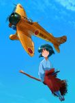  1boy 1girl a5m airplane black_hair broom broom_riding flying inui_(jt1116) japanese_clothes looking_at_another miko original riding short_hair sidesaddle tagme witch 
