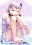  1girl :&lt; ahoge bangs bare_shoulders barefoot closed_mouth eyelashes feet full_body gradient hair_ornament highres leg_hug looking_at_viewer looking_to_the_side purple_background purple_hair short_hair_with_long_locks sitting soles solo soon toes violet_eyes vocaloid voiceroid yuzuki_yukari 