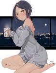  1girl artist_name bare_legs bare_shoulders barefoot blue_hair blush breasts city_lights cityscape coffee_cup full_moon hayami_kanade highres holding_cup idolmaster idolmaster_cinderella_girls indoors lights long_sleeves looking_at_viewer moon moonlight night night_sky no_pants off-shoulder_sweater seiza short_hair signature simple_background sitting sky sleeves_past_wrists smile soles solo steam sweater toes tsurime uni_(melm) white_background window yellow_eyes 