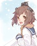  1girl brown_hair dress kantai_collection km_(artist) open_mouth sailor_dress scarf school_uniform short_hair smile snowing uniform yukikaze_(kantai_collection) 