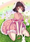  1girl animal animal_ears black_hair blush bunny_tail carrot clover dress full_body highres inaba_tewi jewelry kazucha looking_at_viewer necklace pink_dress puffy_sleeves rabbit rabbit_ears rainbow red_eyes short_hair short_sleeves sitting sparkle tail touhou 