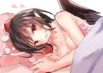  1girl :d amamitsu_kousuke bare_shoulders bed_sheet black_hair black_wings blanket blush breasts camisole cleavage collarbone grin hat heart lying on_side open_mouth pillow pointy_ears pom_pom_(clothes) red_eyes red_hat shameimaru_aya short_hair simple_background smile solo tareme teeth tengu tokin_hat touhou upper_body white_background wings 