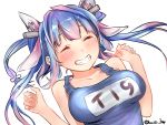  1girl baffu bare_shoulders blue_hair blush closed_eyes collarbone gradient_hair grin highres i-19_(kantai_collection) kantai_collection long_hair multicolored_hair one-piece_swimsuit pink_hair smile solo swimsuit twintails twitter_username white_background 