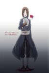  1girl brown_eyes brown_hair facial_mark gloves heart holding_mask mask mask_removed naruto naruto_shippuuden nohara_rin short_hair solo szk_sssk translation_request uchiha_obito uchiha_obito_(cosplay) white_background 