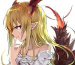  1girl bare_shoulders blonde_hair evil_smile fang finger_to_mouth granblue_fantasy grin head_wings marisayaka pointy_ears profile red_eyes simple_background smile solo upper_body vampy white_background 