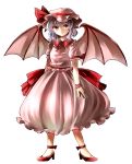  1girl arms_at_sides bat_wings belt bow bubble_skirt closed_mouth collar expressionless frilled_collar frills hat hat_ribbon high_heels highres long_skirt looking_at_viewer mob_cap pink_jacket pink_skirt puffy_short_sleeves puffy_sleeves red_bow red_eyes red_ribbon red_shoes remilia_scarlet ribbon sasa_kichi shoes short_sleeves silver_hair simple_background skirt solo tareme touhou vampire white_background wings 