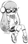  1girl artist_request bike_shorts blush commentary_request domino_mask doughnut eating eyebrows food food_in_mouth headphones heart heart-shaped_pupils inkling long_hair long_sleeves mask monochrome shoes sneakers splatoon symbol-shaped_pupils tentacle_hair thick_eyebrows 