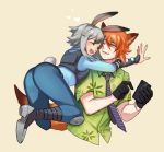  1boy 1girl animal_ears back bangs collared_shirt disney fox_ears fox_tail grey_hair hiruchan judy_hopps nick_wilde orange_hair personification police police_uniform rabbit_ears shirt smile tail uniform zootopia 