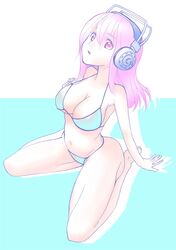  1girl bikini blush breasts gachiling guitar headphones instrument large_breasts long_hair looking_at_viewer navel nitroplus open_mouth pink_eyes pink_hair solo super_sonico swimsuit white_bikini 