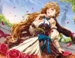  1girl armband bare_shoulders blonde_hair bow bracelet branch breasts capelet cleavage clouds coffee_dog crown detached_sleeves earrings flower jewelry lips long_hair necklace orange_eyes petals puffy_sleeves rose skirt sky solo tower very_long_hair wavy_hair 