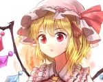  1girl blonde_hair blush crystal face flandre_scarlet hair_ribbon hat hat_ribbon minust mob_cap open_mouth portrait red_eyes ribbon side_ponytail solo touhou wings 