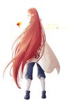  1girl cape cosplay from_behind hair_ornament hairclip heart long_hair looking_back namikaze_minato namikaze_minato_(cosplay) naruto naruto_shippuuden redhead solo szk_sssk translation_request uzumaki_kushina very_long_hair white_background 
