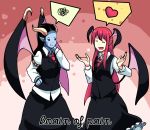  2girls :d :t ^_^ akasha_the_queen_of_pain alternate_costume armband arms_up bat_wings black_hair blue_skin closed_eyes collared_shirt crossover defense_of_the_ancients demon_girl demon_horns demon_wings dota_2 dress_shirt facial_mark fang hand_on_hip head_wings heart highres horns koakuma koakuma_(cosplay) long_hair long_sleeves low_wings mujib multiple_girls necktie open_mouth pointy_ears pout red_necktie redhead shirt skirt skirt_set smile spoken_heart spoken_squiggle squiggle touhou very_long_hair vest white_shirt wings 