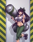 1girl :d ankle_boots belt black_hair black_ribbon boots bow bracelet breasts broom brown_eyes buckle buttons cannon covered_nipples crop_top gem green_bow green_pants gun hair_bow hater_(artist) highres holding_gun holding_weapon huge_weapon impossible_clothes impossible_shirt jewelry large_breasts leg_up long_hair midriff navel navel_piercing open_mouth pants piercing pillarboxed pointy_ears ponytail radiation_symbol reiuji_utsuho ribbon round_teeth shirt shoelaces short_sleeves sky smile smiley_face socks solo standing_on_one_leg stomach symbol-shaped_pupils teeth third_eye toned touhou weapon white_legwear white_shirt 