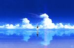  1girl black_hair clouds commentary dress from_behind hat horizon long_hair looking_afar looking_away ocean original reflection scenery signature sky solo straw_hat sun_hat surreal technoheart walking walking_away walking_on_liquid water white_dress wind 