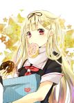  1girl blonde_hair doughnut food hair_ornament hair_ribbon highres kantai_collection kona_(mmm) long_hair red_eyes remodel_(kantai_collection) ribbon scarf school_uniform serafuku yuudachi_(kantai_collection) 