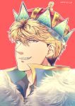  1boy _i_o_ absurdres blonde_hair crown curly_hair fur_trim highres kyou_kara_ore_wa!! male_focus mitsuhashi_takashi red_background red_eyes sharp_teeth teeth 