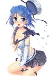  1girl blue_eyes blue_hair blush breasts cleavage double_bun elbow_gloves gloves hat highres kantai_collection large_breasts open_mouth short_hair skirt solo torn_clothes torn_skirt umitonakai urakaze_(kantai_collection) 