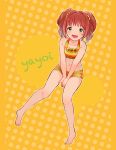  1girl barefoot blush character_name green_eyes hands_together idolmaster looking_at_viewer midriff navel open_mouth pigeon-toed romaji solo takatsuki_yayoi ting_come yellow_background 