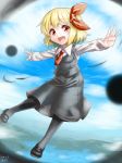  1girl :d araki_(qbthgry) black_skirt blonde_hair fang floating hair_ribbon open_mouth outstretched_arms red_eyes ribbon rumia shirt short_hair skirt smile spread_arms touhou vest 