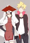  1boy 1girl ahoge annoyed black_eyes black_hair blonde_hair boruto:_naruto_the_movie cape elbow_gloves fingerless_gloves frown glasses gloves grin hand_on_another&#039;s_head hand_on_hip hat highres jacket jewelry naruto necklace nipye red-framed_glasses short_hair smile spiky_hair uchiha_sarada uzumaki_boruto whisker_markings 