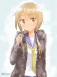  1girl blonde_hair blush ichii_yui jacket long_hair low_twintails playing_with_own_hair school_uniform serafuku smile solo twintails twitter_username unyon yellow_eyes yuyushiki 