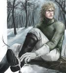  1boy absurdres blonde_hair blue_eyes boots brown_boots dated diego_brando gloves highres jojo_no_kimyou_na_bouken lips looking_to_the_side male_focus sasamura sitting snow solo spurs steel_ball_run tree turtleneck twitter_username white_gloves winter 