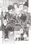  5boys armor black_gloves black_hair blonde_hair closed_eyes doujinshi eyepatch gloves hair_over_one_eye heshikiri_hasebe highres ichigo_hitofuri japanese_armor japanese_clothes long_hair male_focus military military_uniform mizuryuu_kei monochrome multiple_boys necktie open_mouth ponytail shishiou shishiou_no_mofumofu shokudaikiri_mitsutada short_hair sode tonbokiri_(touken_ranbu) touken_ranbu translation_request uniform 