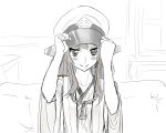  1girl baffu blush_stickers collarbone hat kantai_collection kongou_(kantai_collection) looking_at_viewer military_hat monochrome nontraditional_miko smile solo wide_sleeves 