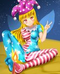  1girl american_flag_shirt blonde_hair candle clenched_teeth clownpiece fairy_wings grin hat highres honda_takaharu jester_cap open_mouth red_eyes smile soles solo spread_legs striped striped_legwear teeth touhou v wings 