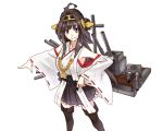  1girl ahoge baffu brown_hair cannon collarbone detached_sleeves double_bun frills hairband highres kantai_collection kongou_(kantai_collection) long_hair nontraditional_miko skirt smile solo standing turret violet_eyes white_background wide_sleeves 