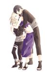  1girl 2boys black_eyes black_hair blonde_hair blue_eyes boruto:_naruto_the_movie family father_and_son fishnets hug hug_from_behind husband_and_wife long_hair long_skirt midriff mother_and_son multiple_boys naruto one_eye_closed open_toe_shoes ponytail sai_(naruto) sandals shoes skirt sweatdrop szk_sssk white_background yamanaka_ino yamanaka_inojin 