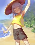  androgynous beach grey_eyes hat highres houren_yabusame len&#039;en open_mouth short_hair short_hair_with_long_locks shorts silver_hair smile solo straw_hat tank_top waving_arm wei_li 