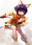  1girl animal_ears armor bare_shoulders black_gloves boots detached_sleeves eyebrows eyebrows_visible_through_hair fox_ears gloves misha_(sennen_sensou_aigis) open_mouth polearm purple_hair red_eyes sennen_sensou_aigis skirt solo weapon white_background yellow_boots yellow_skirt 