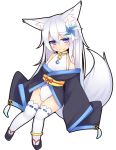  1girl animal_ears bare_shoulders blush chibi collar fox_ears fox_tail highres kutan leotard long_hair mizuki_(kutan) original silver_hair solo tail thigh-highs violet_eyes white_legwear 