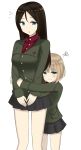  2girls :o absurdres blonde_hair blue_eyes blush brown_hair girls_und_panzer hair_between_eyes highres hug hug_from_behind katyusha long_hair mizukoshi_(marumi) multiple_girls nonna size_difference skirt uniform white_backgroun 