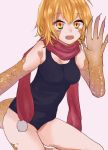  1girl blonde_hair breasts claws cleavage cowboy_shot liza_(monster_musume) lizard_girl lizard_tail mito_(pixiv17453595) monster_girl monster_musume_no_iru_nichijou monster_musume_no_iru_nichijou_online one-piece_swimsuit open_mouth red_scarf scales scarf slit_pupils solo swimsuit yellow_eyes 