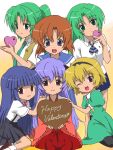  bangs blonde_hair blue_hair blunt_bangs blush child chocolate chocolate_heart dress fang friends furude_rika gift hairband hanyuu happy_valentine heart higurashi_no_naku_koro_ni holding horns houjou_satoko japanese_clothes long_hair looking_at_viewer miko multiple_girls necktie official_style one_eye_closed ponytail purple_hair ryuuguu_rena school_uniform serafuku short_hair smile sonozaki_mion sonozaki_shion valentine 