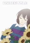  androgynous artist_name bandage_on_face brown_hair closed_eyes collared_shirt copyright_name flower frisk_(undertale) gnk-art highres shirt solo striped striped_sweater sunflower sweater tagme tearing_up undertale 