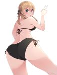  1girl :o ass bikini blonde_hair blue_eyes blush breasts character_request highres kantai_collection makiya_1919 prinz_eugen_(kantai_collection) side-tie_bottom sideboob solo swimsuit thighs v white_background 
