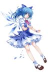  1girl :o bare_legs blue_bow blue_dress blue_eyes blue_hair bobby_socks bow brown_shoes cirno collared_shirt dress fairy fairy_wings full_body hair_bow ice ice_wings mary_janes open_mouth pico_(picollector79) ponytail puffy_short_sleeves puffy_sleeves shirt shoes short_sleeves simple_background snowflakes socks solo surprised touhou white_background white_legwear white_shirt wings wristband 