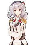  1girl arm_around_waist artist_request breasts epaulettes gloves grey_eyes kashima_(kantai_collection) silver_hair sketch solo twintails uniform white_background 