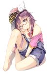  1girl bare_shoulders barefoot between_legs black_eyes character_name closed_mouth dr._slump glasses hand_between_legs hat head_tilt highres hiiragi_yashiro long_hair looking_at_viewer norimaki_arale overalls purple_hair red-framed_glasses semi-rimless_glasses short_sleeves simple_background sitting smile solo suspenders white_background 