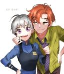  1boy 1girl breasts cheek_pull disney green_eyes grey_hair judy_hopps looking_at_viewer mongoose369 necktie nick_wilde open_mouth orange_hair personification police police_uniform policewoman short_hair uniform violet_eyes zootopia 