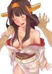  1girl absurdres ahoge alternate_costume baffu bare_shoulders blush breasts brown_hair cleavage closed_eyes collarbone hair_bun hair_intakes hairband hand_on_another&#039;s_arm hands headgear highres japanese_clothes kantai_collection kimono kongou_(kantai_collection) long_hair obi open_mouth sash side_slit sidelocks sweat 